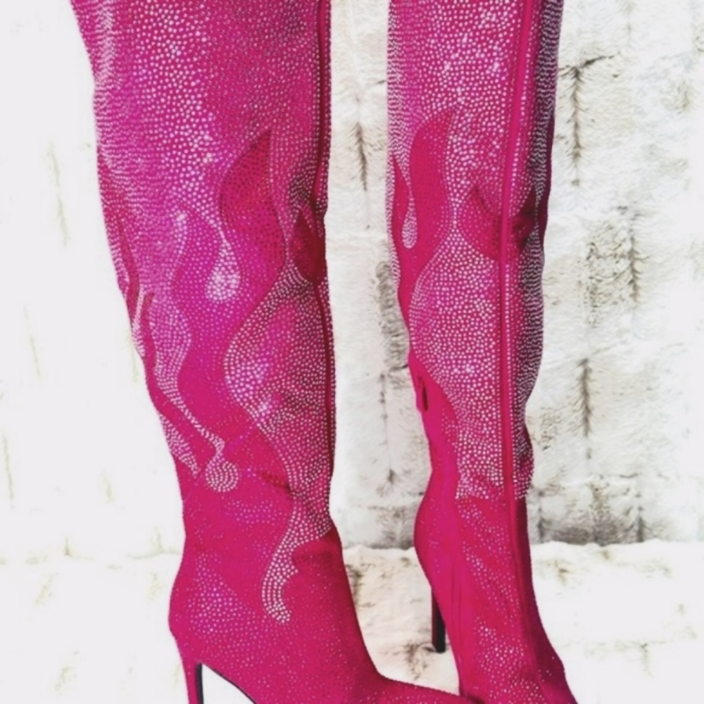 Hot Pink & Silver Rhinestone Flame Detail Sexy OTK Thigh Boots - Picture 2 of 13